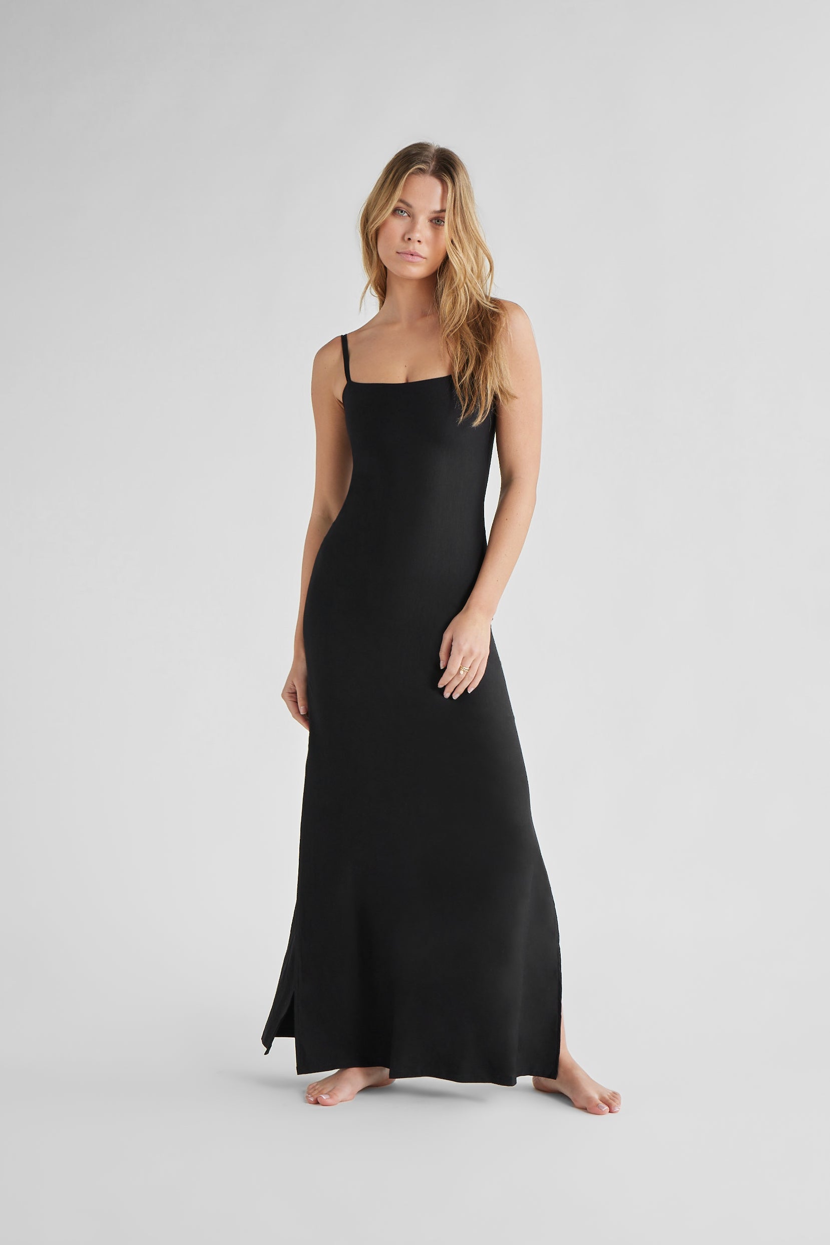 Black Malam Strappy Square Maxi Dress with Side Slits | KLAYD Black Malam Strappy Square Maxi Dress with Side Slits | KLAYD